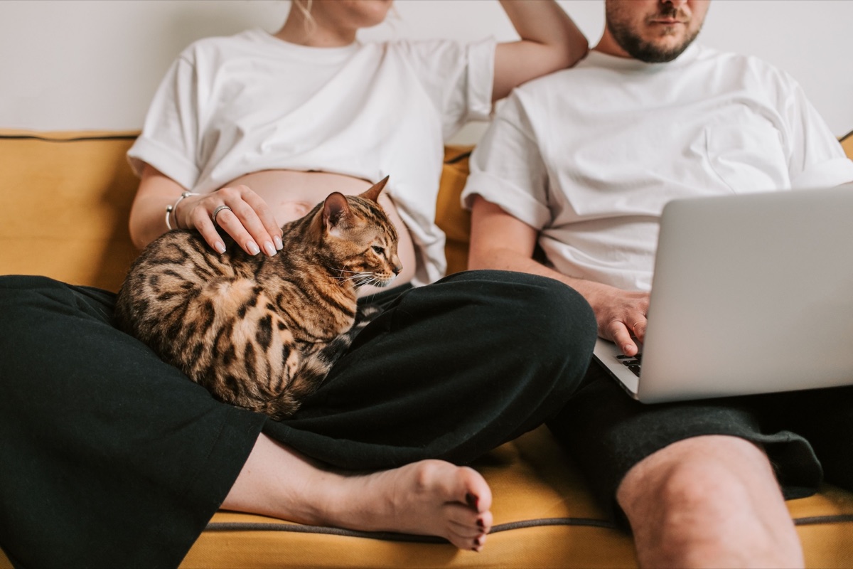 Schwangere Person und Partner sitzen gemeinsam vor einem Laptop