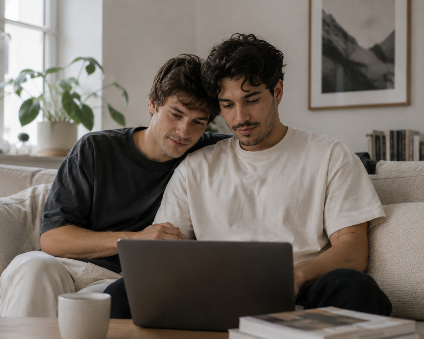 Paar plant gemeinsam am Laptop auf dem Sofa