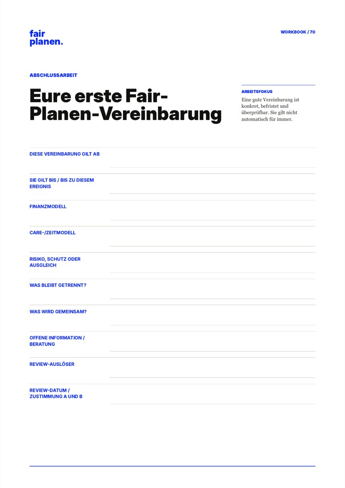 Gerenderte Workbook-Seite Eure erste Fair-Planen-Vereinbarung mit Feldern und Zustimmungszeilen.