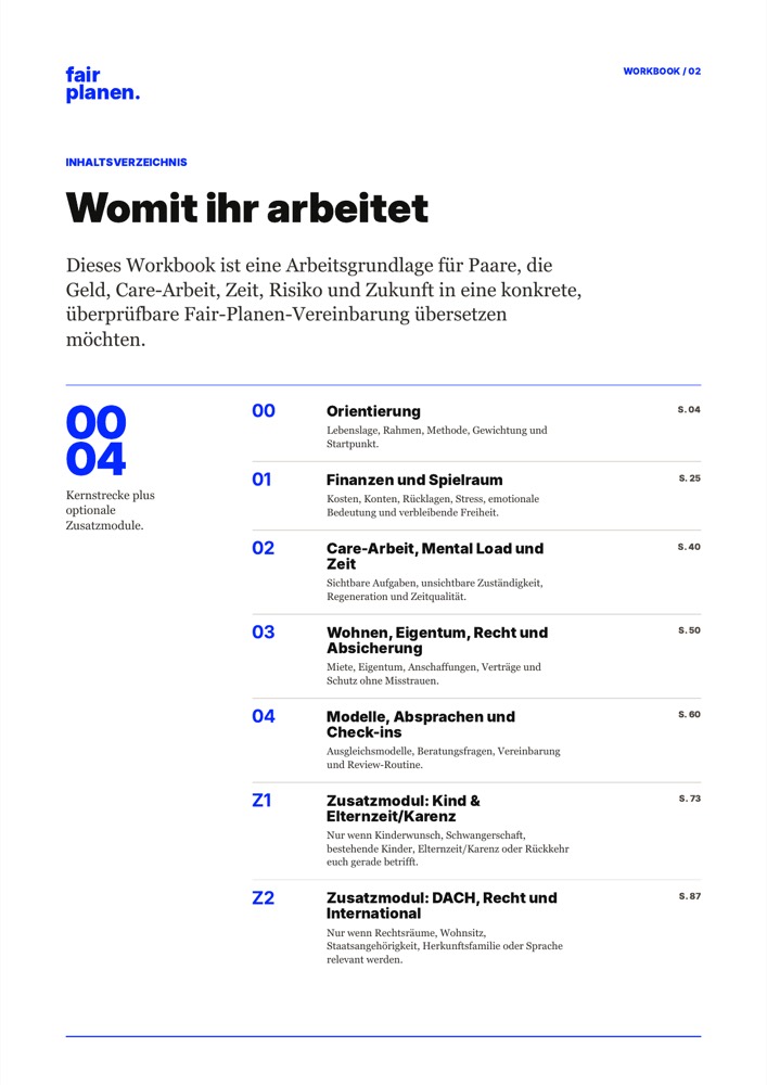 Gerenderte Workbook-Seite mit Inhaltsverzeichnis und Seitenzahlen.
